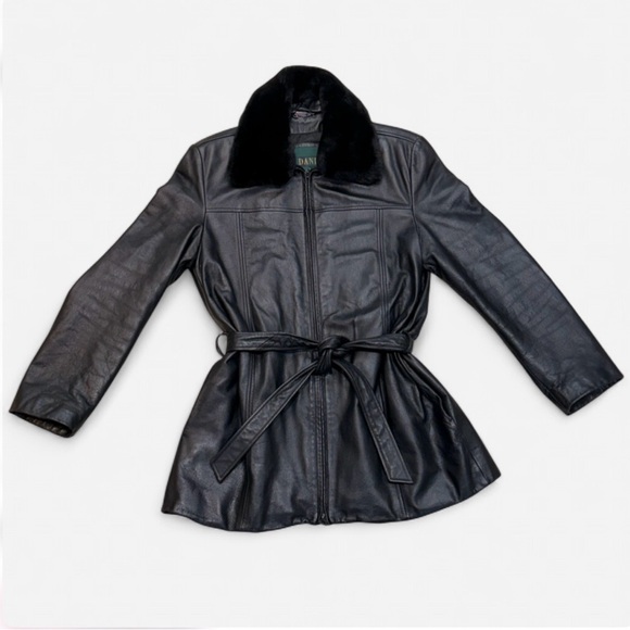 DANIER Classic Leather Trench Coat With Faux Fur Collar (Black) - Picture 4 of 16